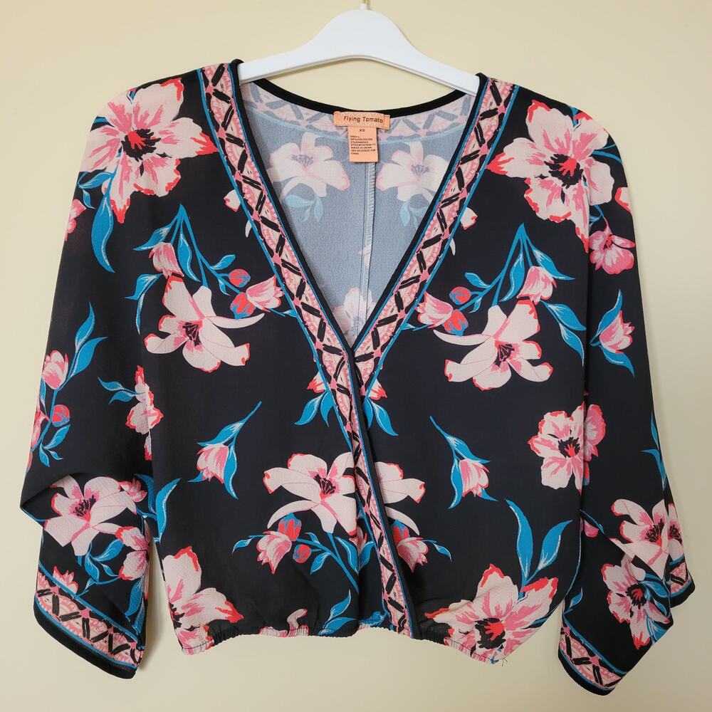 Flying Tomoto Sz XS Crop Top Pullover Dolman Sleeve Crossover Front Hidden Snap